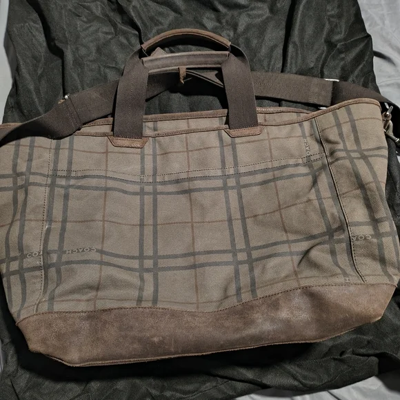 Coach Camden Tattersall Plaid Canvas Tote Bag Weekend Travel Shoulder Brown